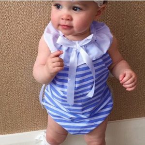 28-61-Blue striped bow Romper