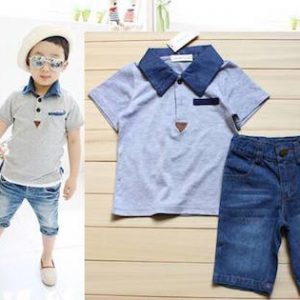 56-92-Collar Short Sleeve Jeans 2pcs