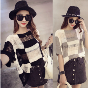 88-183-Plaid knit tops