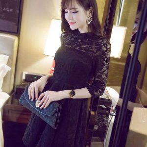 88-233-Lace cheongsam dress - black