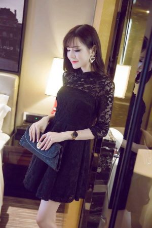 88-233-Lace cheongsam dress - black