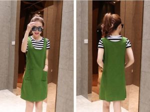 89-189-Striped knit T-shirt strap dress 2pcs