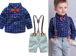 56-152-Blue plaid shirt Strap jeans 4pcs