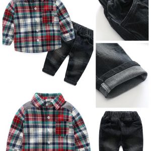 23-206-Plaid 3 color shirt jeans 2pcs