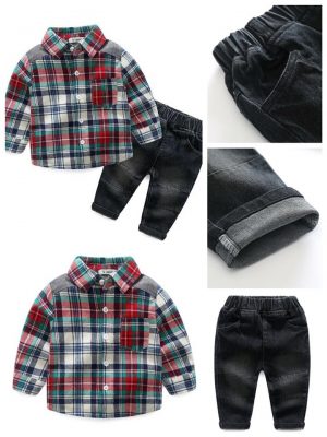 23-206-Plaid 3 color shirt jeans 2pcs